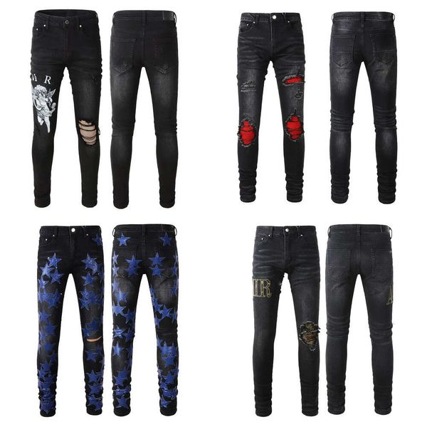 Roxo Designer Mens Jeans Womens Denim Pant Zipper Black Jeans Angustiado Rasgado Biker Slim Fit Motocicleta Feito Old Pant Tamanho 28-40 479