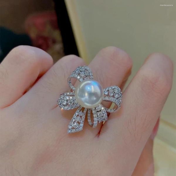 Cluster Ringe Retro Antike Perle Kristall Bogen Fingerring Echt 925 Sterling Silber Offen Für Frauen Damen Mode Böhmischen Schmuck