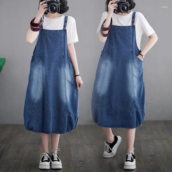 Vestidos casuais tamanho grande denim cinta vestido feminino 2024 moda solta versátil coreano sem mangas jeans vestidos feminino robe z4504