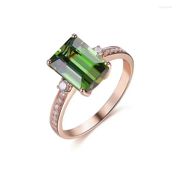 Anéis de cluster simulação ao vivo verde turmalina anel banhado 18k rosa ouro incrustado cor esmeralda tesouro aberto feminino