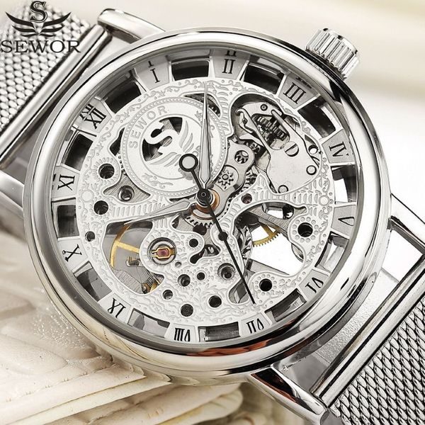 Sewor relógio mecânico prata moda aço inoxidável malha cinta masculino esqueleto relógios marca superior de luxo masculino relógio pulso j190706277e