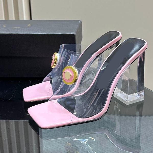 10.5cm slides de luxo chinelos noite mules sandálias de moda sapatos femininos saltos grossos saltos de designer pvc transparente superior deslizamento em hardware de ouro qualidade superior peep toe
