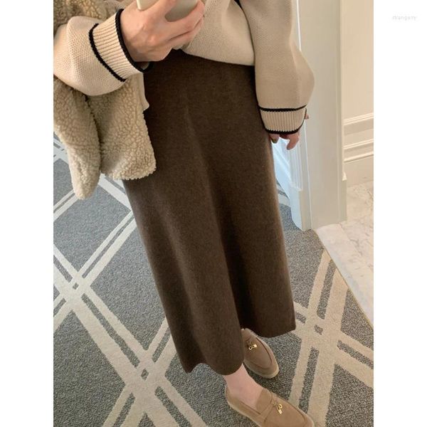Saias 2024 moda simples estilo coreano malha lã cintura alta saia fenda