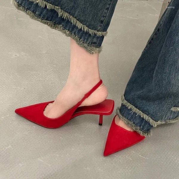 Sapatos de vestido feminino sexy vermelho salto alto 2024 verão sandálias de tiras confortáveis dedo apontado mulheres stiletto 1762n