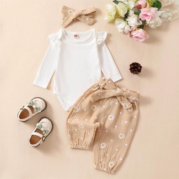 Kleidung Sets Frühling Säugling Baby Mädchen Hosen Weiß Langarm Rüschen Strampler Daisy Print Gürtel Stirnband Herbst