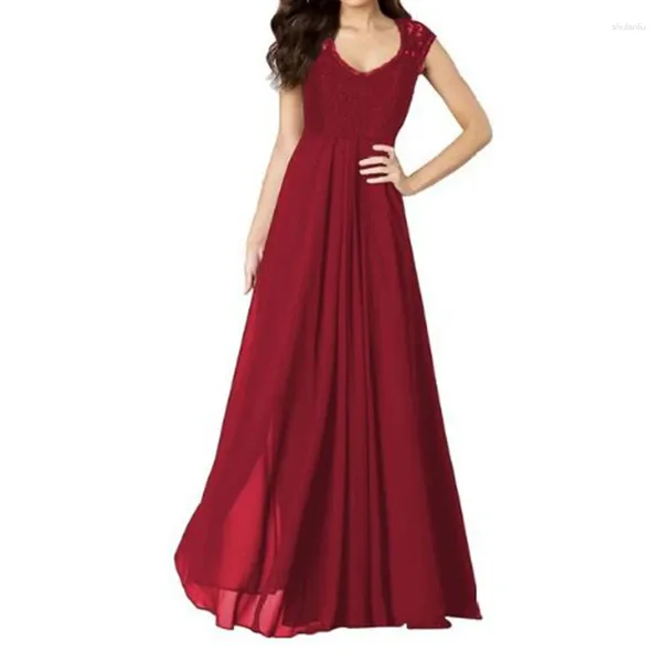 Lässige Kleider Damen Stil Atemberaubendes langes Sommer-Höhlen-Spitze-Chiffon-ärmelloses Nähen Party Club V-Ausschnitt Sexy Kleid