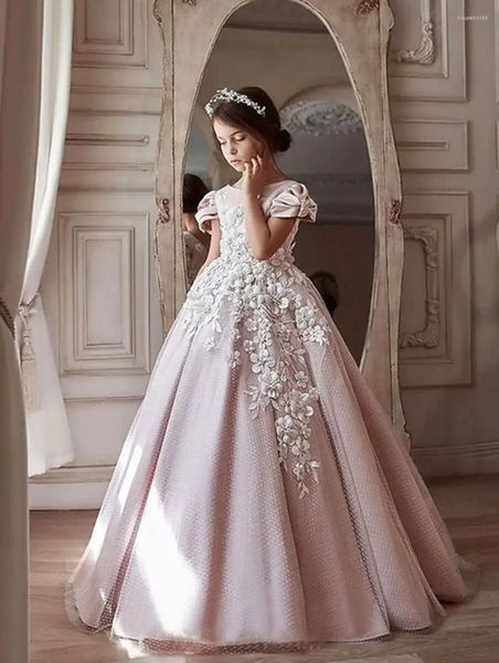 Abiti da ragazza Abito a fiori Rosa soffice a strati in tulle bianco a pois lunghi a maniche corte Matrimonio carino Comunione per bambini