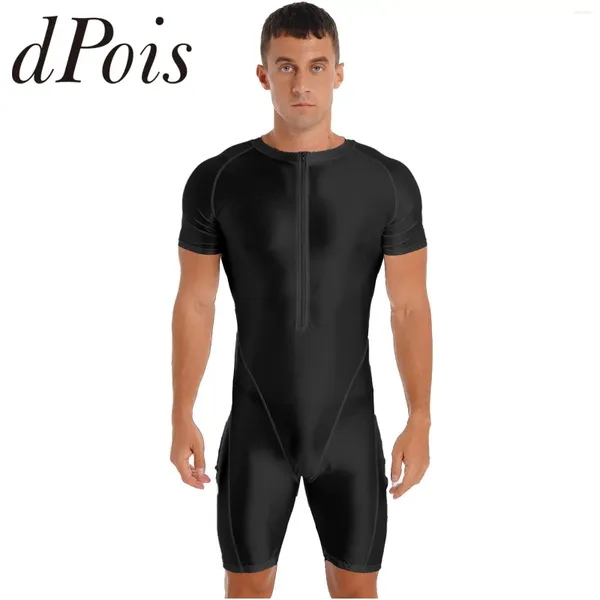 Homens de banho dos homens brilhante manga curta zíper macacão bodysuit para esporte correndo yoga ginástica unitard collant hommes maiôs