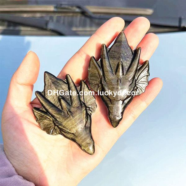 Golden Sheen Obsidian Dragon Head Estátua Reiki Cura Presentes Esculpidos à Mão Pequeno Flash de Ouro Natural Cristal de Quartzo Pedra Preciosa Costas Planas Decoração de Escultura de Crânio de Animal