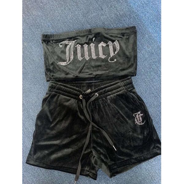 2024 Mulheres Duas Peças Calças Juicy Apple Veet Sexy com Broca Moda Tubo Crop Top Casual Cordão Shorts Set Solto Roupas de Verão Treino 666eee