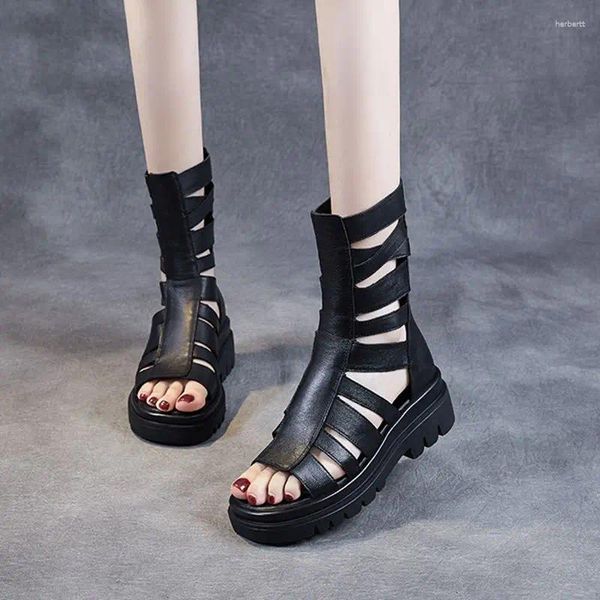 Sandálias grossas sola feminina 2024 verão couro genuíno sapatos romanos cunha saltos peixe boca matsuke botas legais