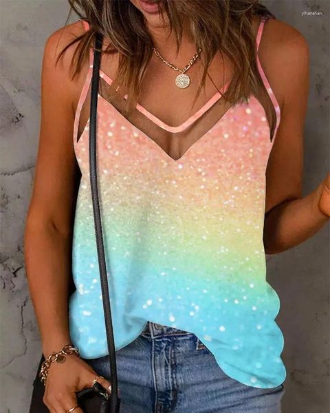 Blusas femininas Ninimour Mulheres Glitter Spaghetti Strap Cami Top 2024 V Neck Gradiente Sexy Colete Tops Casual Pulôver Camisetas Mulheres