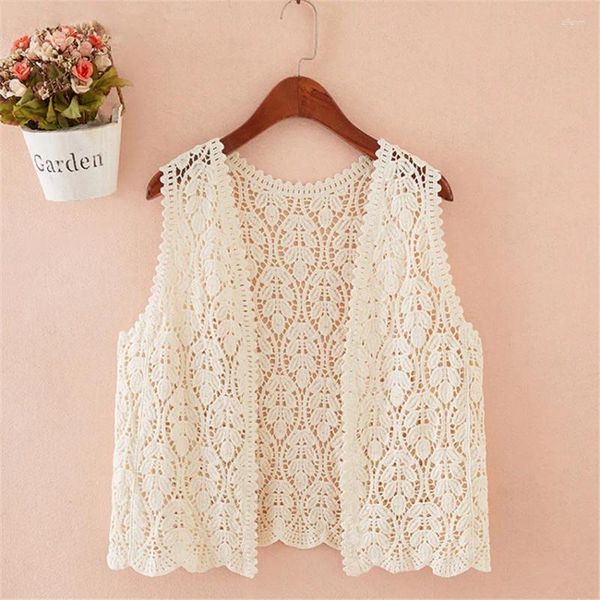 Coletes femininas Mulheres Verão Colete Sem Mangas Jaqueta Boho Étnica Oco Out Lace Tops Crochet Cardigan Curto Colete Outwear