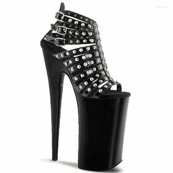 Sandálias Clube Pólo Sapatos de Dança Mostrar Roman Hollow Banda Estreita Rebite Preto 8 Polegada Stiletto Stripper Saltos Gótico Punk Super 20cm