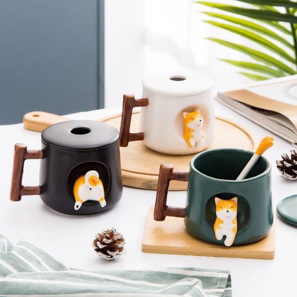 Criativo bonito artesanal shiba inu caneca com tampa colher cerâmica canecas de cachorro copo personalizado para café chá cozinha utensílios de mesa amor presente l257l