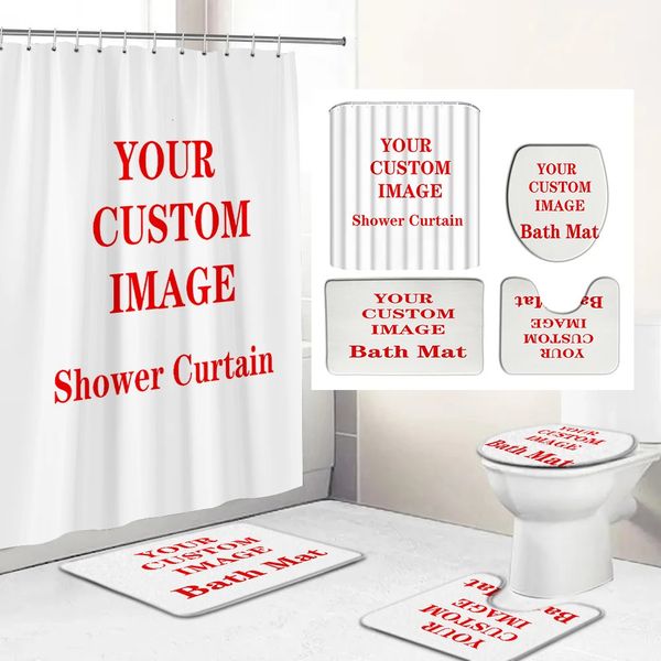 Cortinas de chuveiro de tecido de impressão personalizada poliéster conjunto de cortina de banheiro personalizado tapetes antiderrapantes tampa de vaso sanitário conjuntos de tapete de banho 240222