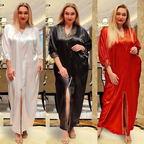 Ethnische Kleidung Dubai Frauen Satin Diamanten Abaya Lose Afrikanische Boubou Muslim Lange Maxi Kleider Türkei Arabisch Abend Kaftan Party Kleid