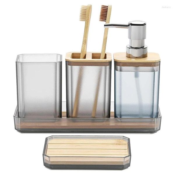Badzubehör-Set, 5-teilig, Badezimmer-Seifenspender, Schüssel, Zahnbürstenbecher, Waschtischablage (grau)