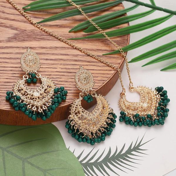 Collana di orecchini set Boho etnico color oro ciondola gioielli di lusso per feste di matrimonio vintage con nappe con perline Jhumka