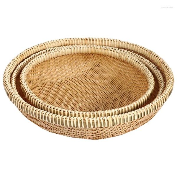 Piatti 3PCS Vietnam Paletta cava Rotonda Cestino di bambù Intrecciato a mano Prodotti pregiati Bordo in rattan bianco