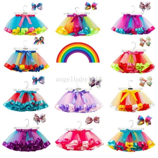 15 colori neonate vestito dal tutu caramelle arcobaleno colore maglia gonne per bambini + mollette con fiocco 2 pezzi / set vacanze per bambini abiti da ballo vestiti tutù