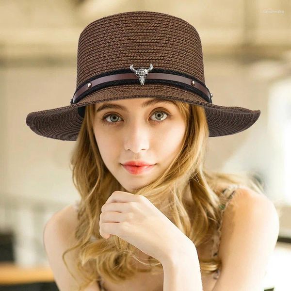 Berets Männer Frauen Unisex Stroh Fedora Hut Klassische Flache Top Jazz Panama Breite Krempe Boater Mit Bull Band