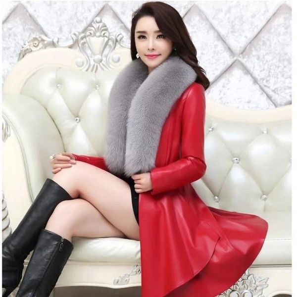 Damen Lederjacke Damen PU Mantel Mittellang Großer Pelzkragen Plus Baumwolle Herbst Winter Warm Schwarz Rot