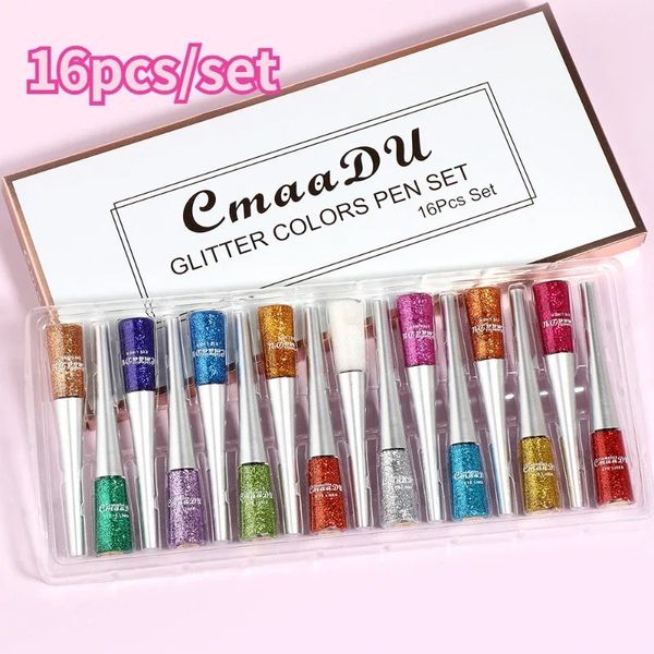 16pcsset Long Lasting Eye Liner Glitter Líquido Brilhante Delineador Gel Quickdrying Nonsmudge Azul Verde Branco Vermelho Maquiagem 240220