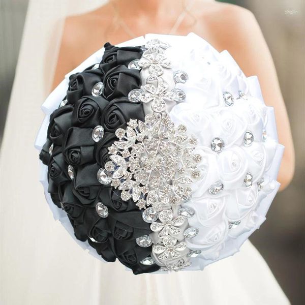 Flores decorativas preto e branco buquê de casamento strass noiva dama de honra mão artesanal nupcial