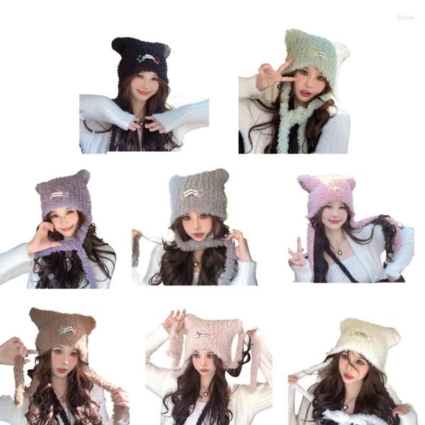 Berets Plush Beanie Chapéu para Feminino Menina Orelha Muffs Inverno Quente À Prova de Vento Bonnet Moda Esporte Ao Ar Livre Macio Crânio Cap