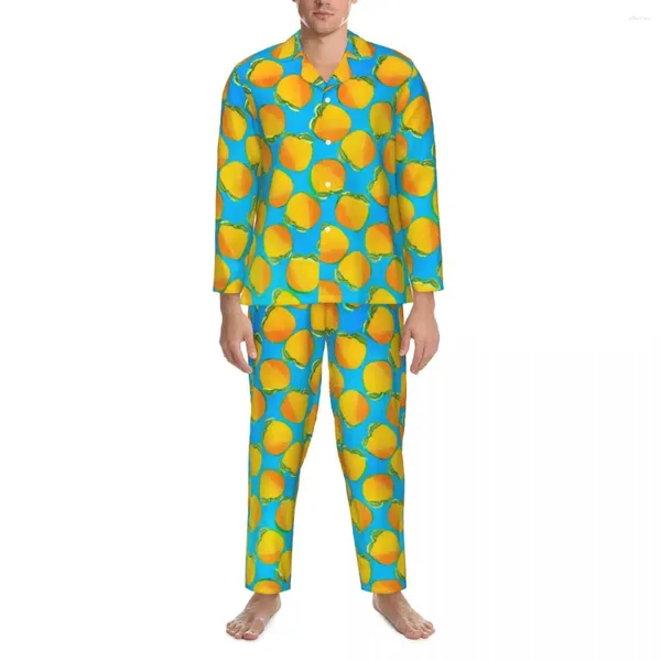 Pijamas masculinos pijamas masculinos aquarela laranjas quarto roupa de noite brilhante frutas impressão duas peças conjunto de pijama casual confortável casa de grandes dimensões