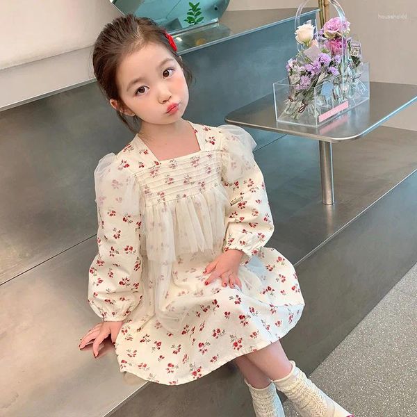Платья для девочек, весна-осень 2024, корейский стиль, милое сетчатое платье принцессы с летающими рукавами и цветочным принтом, хлопковое платье принцессы