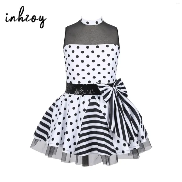 Bühnenkleidung Mädchen Ballett Tutu Kostüm Polka Dots Jazz Latin Dance Kleid Mesh Splice Pailletten Schleife Gymnastik Trikots Eislaufen Kleider