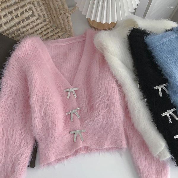 Mulheres malhas suéteres mulheres jumpers outono doce selvagem v manga longa rosa cardigan curto mohair casaco puxar suave impermeável mink strass