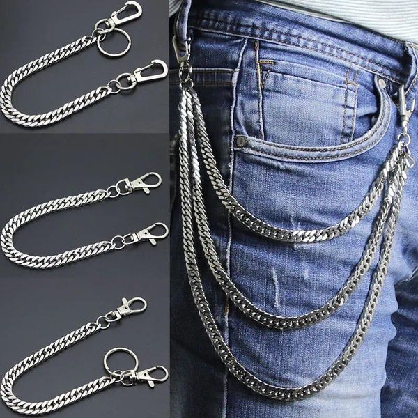 Schlüsselanhänger DIY Edelstahl Lange Metall Brieftasche Kette Leine Hose Jean Schlüsselbund Ring Clip Herren Hip Hop Flache Halskette Schmuck