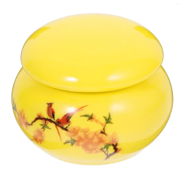 Vorratsflaschen, Retro-chinesisches versiegeltes Glas, Mini-Teedose aus Keramik (gelb bedruckt – mittlere Größe), kleine Behälter mit Deckel, Süßigkeiten