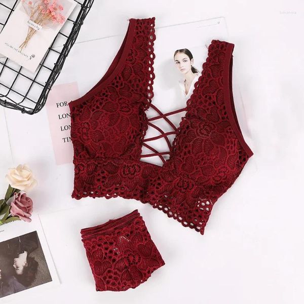 Sutiãs conjuntos feminino bandagem laço cruz cinto oco lingerie conjunto íntimos roupa interior push up fio livre sutiã e calcinha