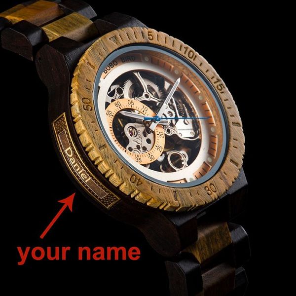 Relogio masculino bobo bird relógio mecânico masculino relógio de pulso de madeira automático nome personalizado para o pai caixa de presente de madeira y200414299i