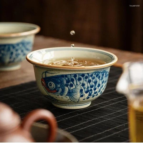 Tassen Untertassen handbemalt Fisch antike chinesische Keramik Öffnung schöne Teetasse Set Teegeschirr Tassen für Zeremonie japanische Teetasse