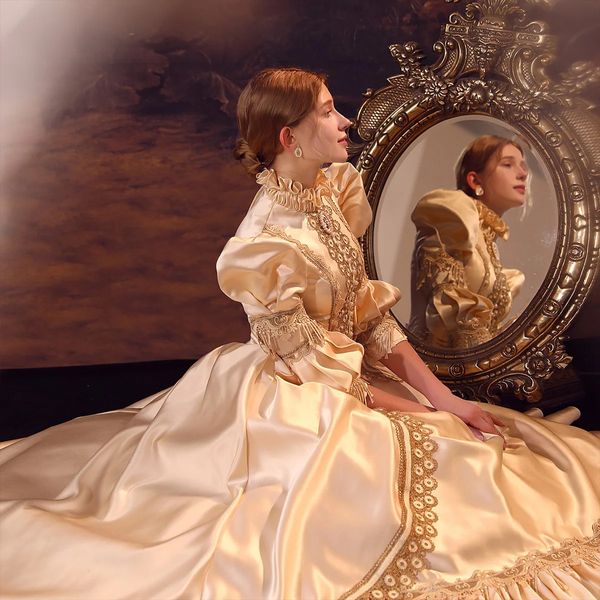 Vestido de corte real rococó do século 18, roupa retrô barroca, renascentista, rococó, marie antoinette, traje de baile, champanhe 240220