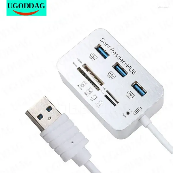 Portas Mini USB HUB Memory Card Reader 3.0 Alumínio com MS SD M2 TF Multi-em-1 para computador branco