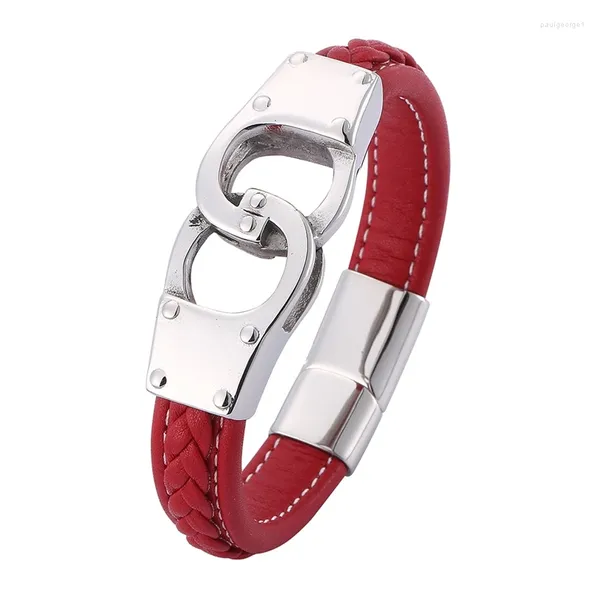 Charme pulseiras punk homens vermelho trançado pulseira de couro inoxidável algemas fivela magnética masculino pulseira jóias presentes pd0742