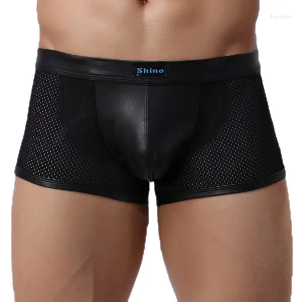 UNDUPANTS SEXE GAY EDERWEA ERKEK BOXERS ŞARTLARI Siyah sahte deri örgü külot adam düşük bel torbası cueca maskulinas s-l