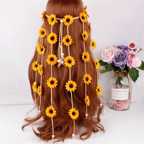 Saç klipleri moda çiçek papatya başı bant çiçek taç yaz ayçiçeği aksesuarları kadınlar için bohem ayarlanabilir hediye