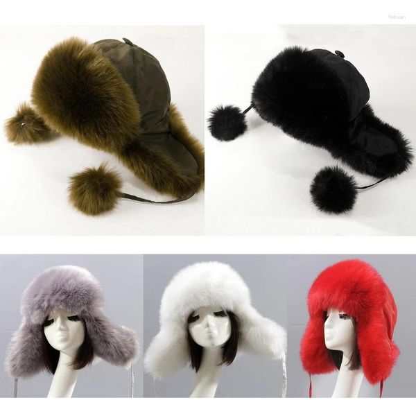 Boinas chapéu feminino grosso pele artificial com abas de orelha ao ar livre caminhadas peludo bonés à prova de vento esqui escalada headwear