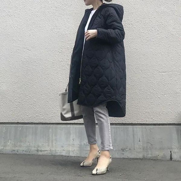 Casacos femininos sólido preto casual algodão acolchoado mulheres inverno zíper bolsos com capuz longo parkas coreano estilo japonês casacos