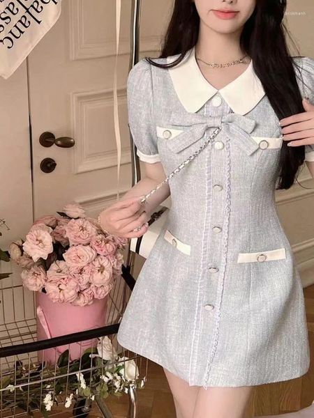 Casual Kleider Koreanische Frauen Süße Schleife Blau Kurzes Kleid Vestidos De Gala Y2k Cortos Fiesta 2024 Robe Ete Kawaii Kleidung