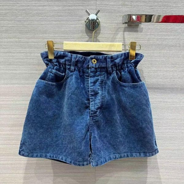 Shorts femininos 2024 verão moda azul veludo mulheres elástica cintura alta único bolsos de peito doce menina vintage