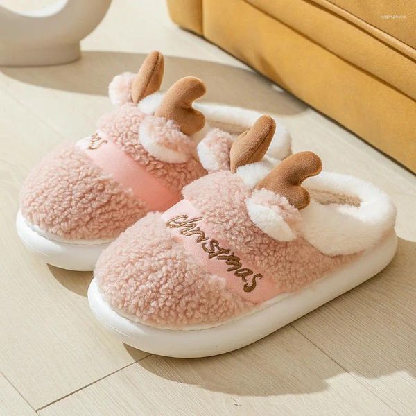 Pantofole 2024 suola spessa cervo di Natale donna uomo pantofola calda per interni morbido peluche amanti del pavimento della casa scarpe con plateau invernali