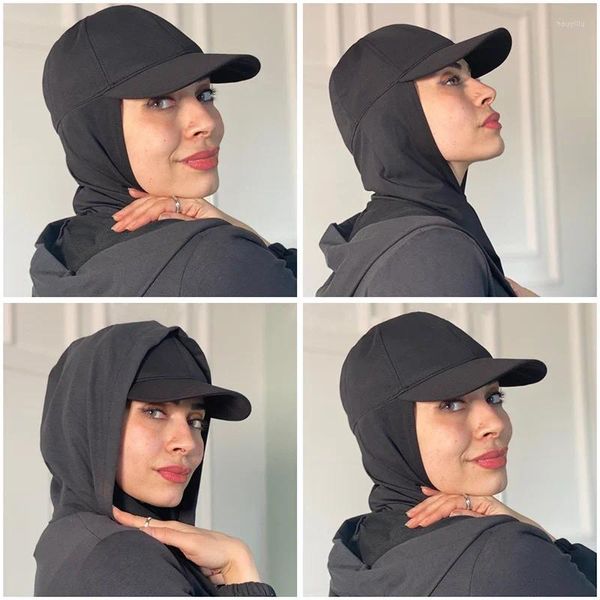 Bola bonés ramadan muçulmano moda beisebol com camisa cachecol hijab xale cor sólida bandana turbante chapéu feminino pronto para usar